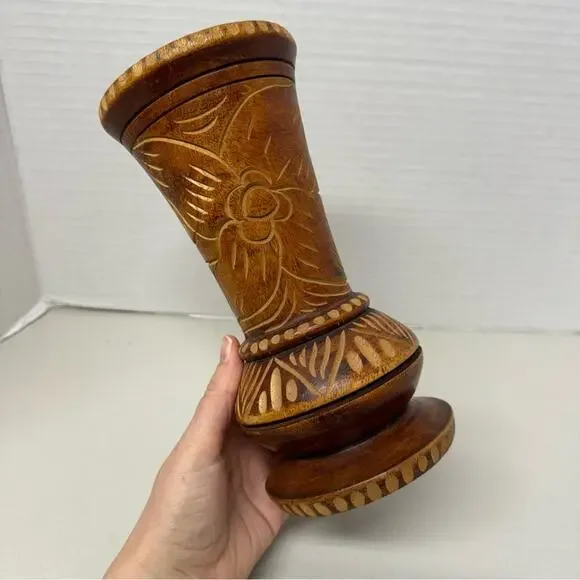 Vintage Wood Carved Tiki Vase Floral Boho Brown Home Decor - Picture 4 of 9